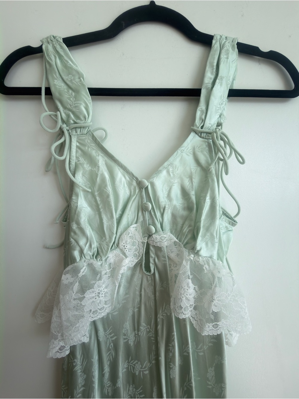 (NWOT) For Love & Lemons Pale Mint Lace-Trim Satin Midi Dress - Picture 7 of 8
